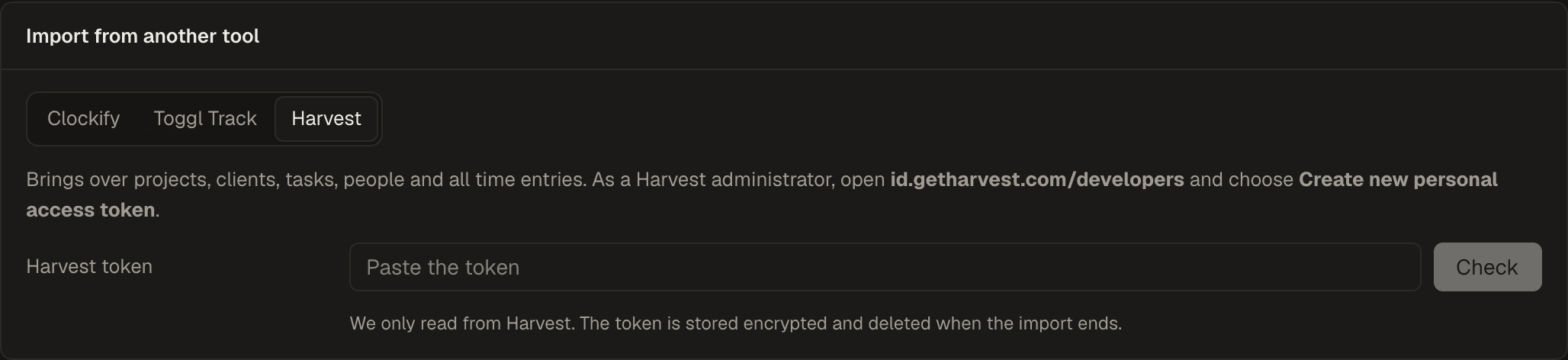 Import from another tool in Settings, with Harvest picked