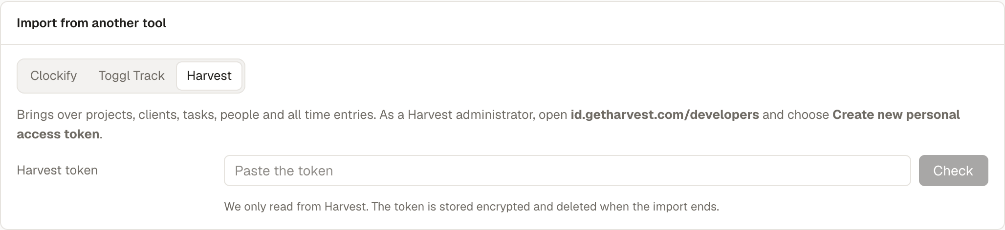 Import from another tool in Settings, with Harvest picked