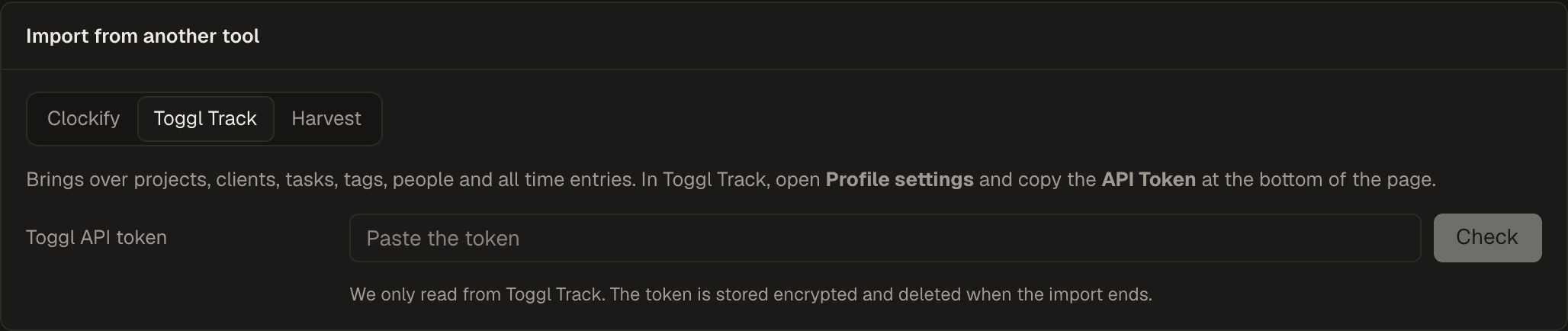 Import from another tool in Settings, with Toggl Track picked