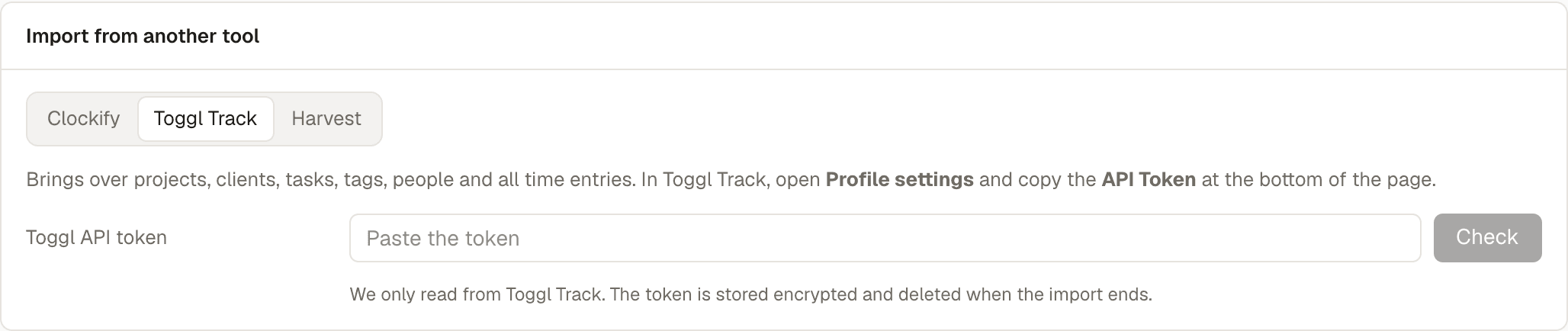 Import from another tool in Settings, with Toggl Track picked